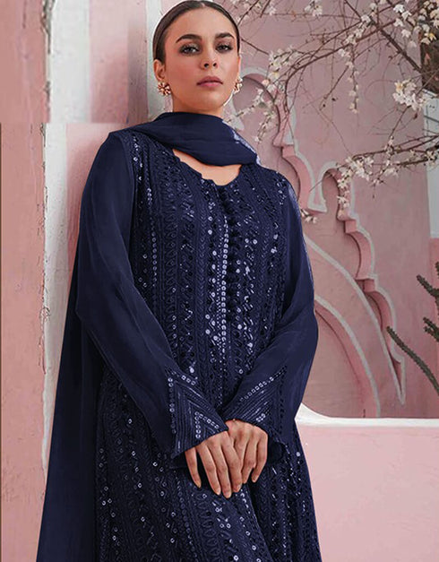 Navy Blue Sharara style Suit Faux Georgette Salwar Kameez in Embroidery, Sequins & Lace Work Closure View