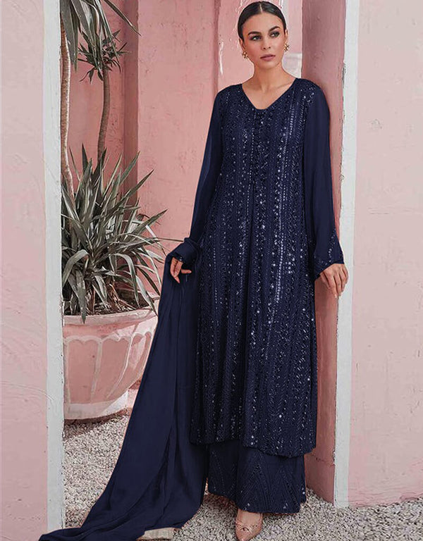 Navy Blue Sharara style Suit Faux Georgette Salwar Kameez in Embroidery, Sequins & Lace Work