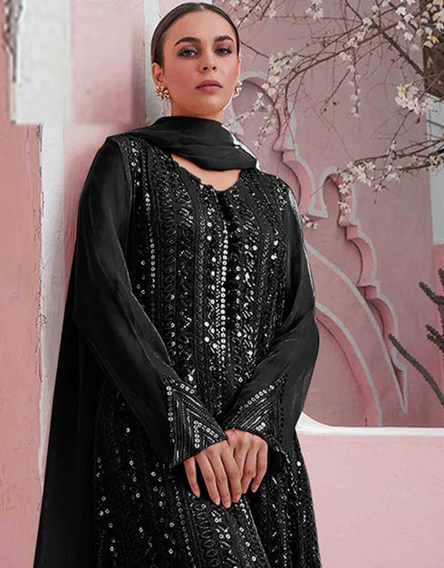 Black Sharara style Suit Faux Georgette Salwar Kameez in Embroidery, Sequins & Lace Work Closure View