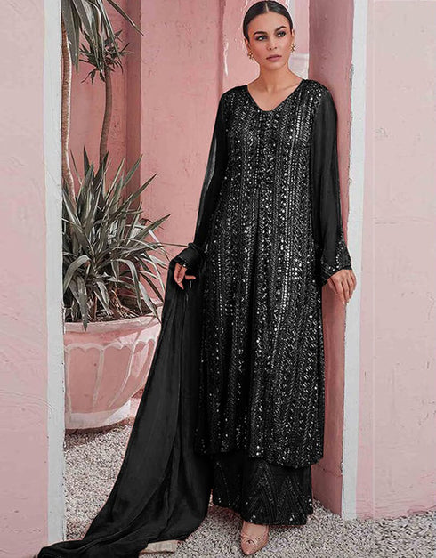 Black Sharara style Suit Faux Georgette Salwar Kameez in Embroidery, Sequins & Lace Work