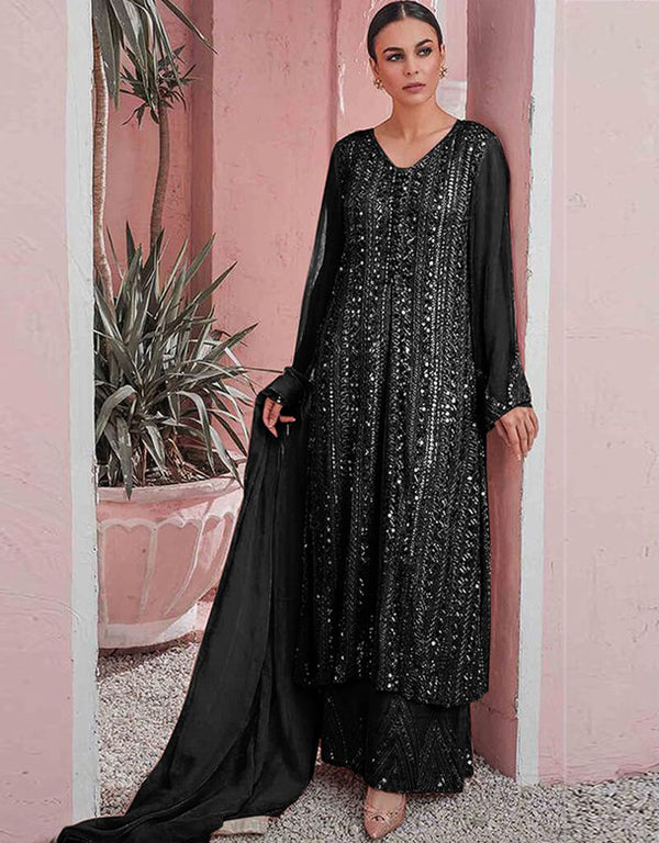 Black Sharara style Suit Faux Georgette Salwar Kameez in Embroidery, Sequins & Lace Work