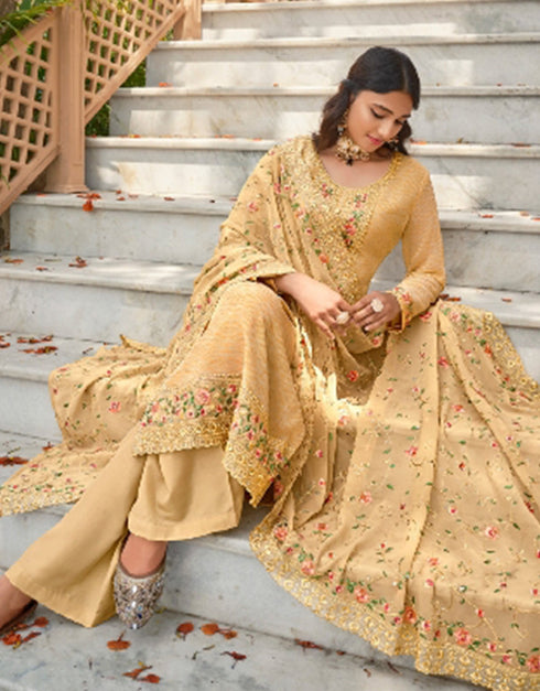 chic harvest gold real georgette designer function wear heavy salwar suit collection with harvest gold heavy santun ie-1134 Close-up View