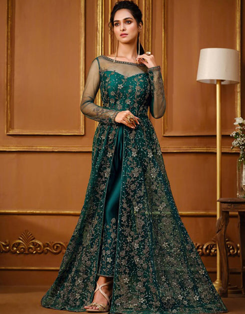 Green Pant style Suit Semi-Stitched Suits Salwar Kameez in Cording Embroidery & Lace Work Closure View