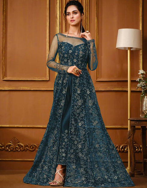 Blue Pant style Suit Semi-Stitched Suits Salwar Kameez in Cording Embroidery & Lace Work Closure View