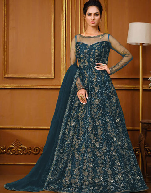 Blue Pant style Suit Semi-Stitched Suits Salwar Kameez in Cording Embroidery & Lace Work