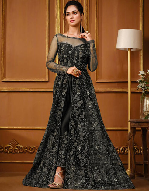 Black Pant style Suit Semi-Stitched Suits Salwar Kameez in Cording Embroidery & Lace Work Closure View