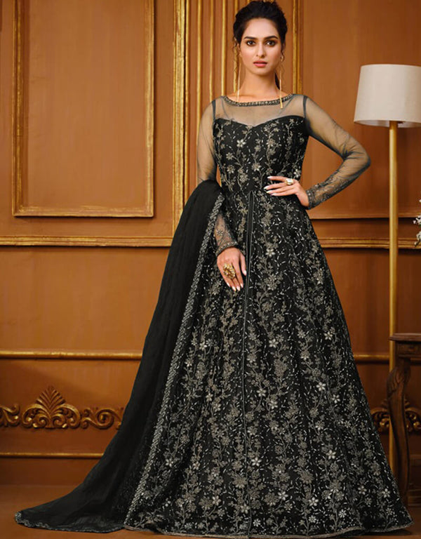 Black Pant style Suit Semi-Stitched Suits Salwar Kameez in Cording Embroidery & Lace Work