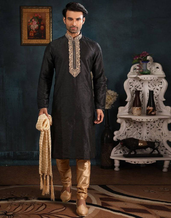 Black Kurta Art Banarasi Silk Churidar