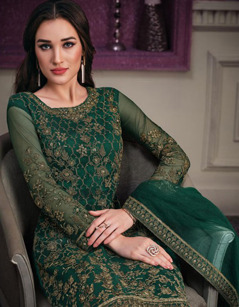 Green Pant style Suit Butterfly Net Salwar Kameez in Cording Embroidery & Lace Work Closure View