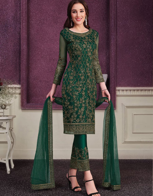 Green Pant style Suit Butterfly Net Salwar Kameez in Cording Embroidery & Lace Work