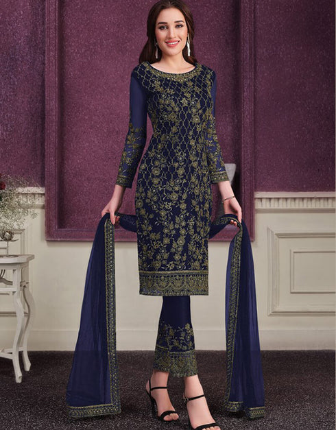 Navy Blue Pant style Suit Butterfly Net Salwar Kameez in Cording Embroidery & Lace Work