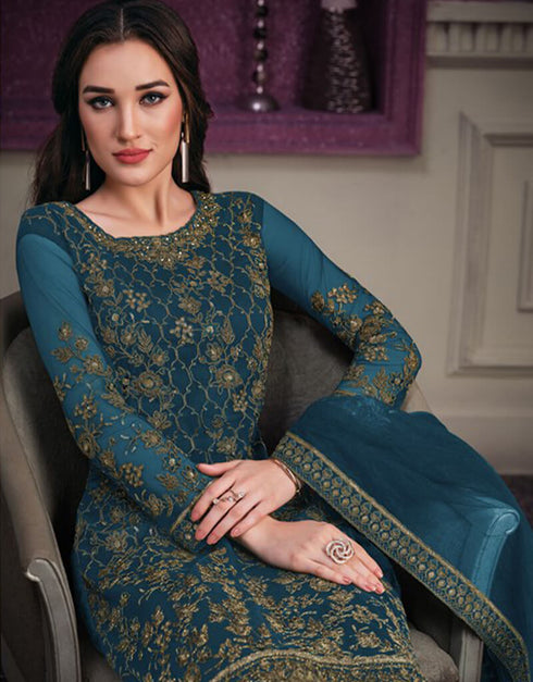 Blue Pant style Suit Butterfly Net Salwar Kameez in Cording Embroidery & Lace Work Closure View