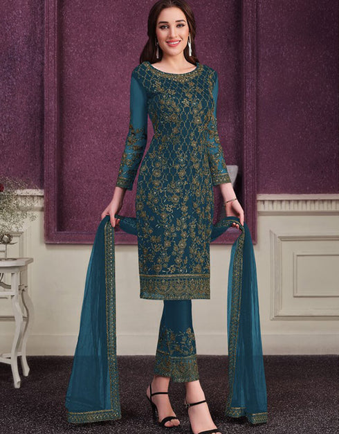 Blue Pant style Suit Butterfly Net Salwar Kameez in Cording Embroidery & Lace Work