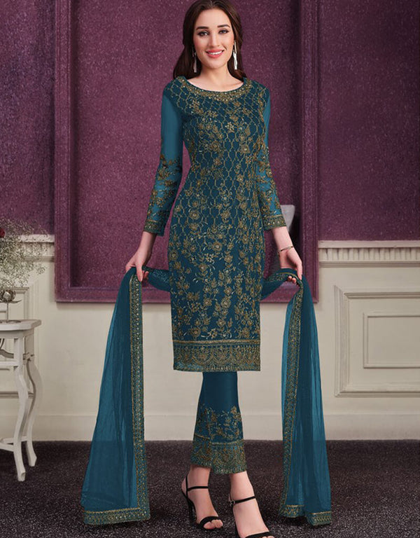 Blue Pant style Suit Butterfly Net Salwar Kameez in Cording Embroidery & Lace Work