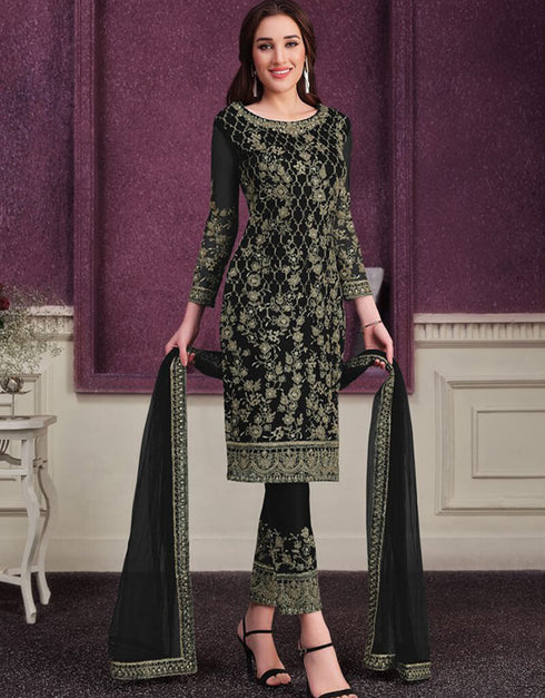 Black Pant style Suit Butterfly Net Salwar Kameez in Cording Embroidery & Lace Work