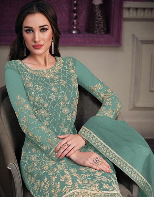 Sky Blue Pant style Suit Butterfly Net Salwar Kameez in Cording Embroidery & Lace Work Closure View