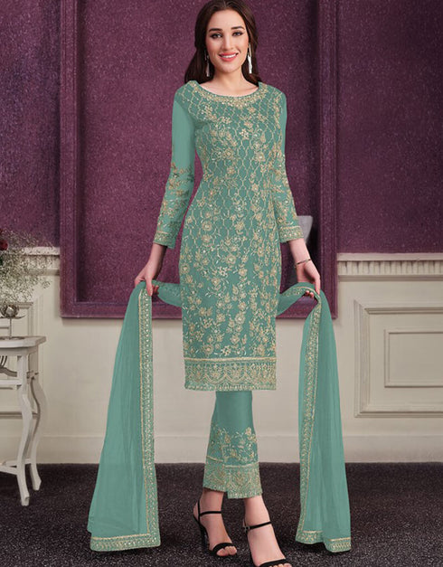 Sky Blue Pant style Suit Butterfly Net Salwar Kameez in Cording Embroidery & Lace Work