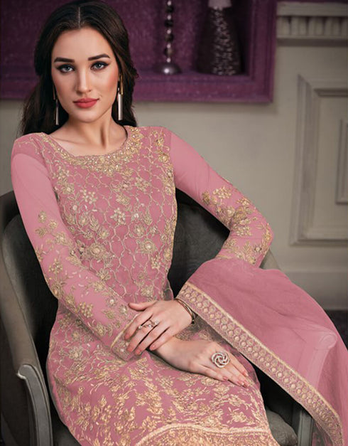 Rose Pink Pant style Suit Butterfly Net Salwar Kameez in Cording Embroidery & Lace Work Closure View