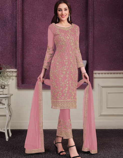 Rose Pink Pant style Suit Butterfly Net Salwar Kameez in Cording Embroidery & Lace Work