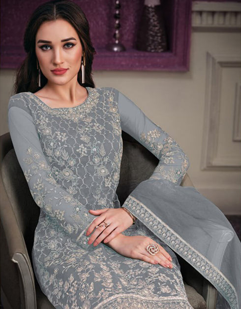 Grey Pant style Suit Butterfly Net Salwar Kameez in Cording Embroidery & Lace Work Closure View