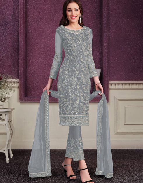 Grey Pant style Suit Butterfly Net Salwar Kameez in Cording Embroidery & Lace Work