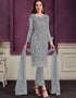 Grey Pant style Suit Butterfly Net Salwar Kameez in Cording Embroidery & Lace Work