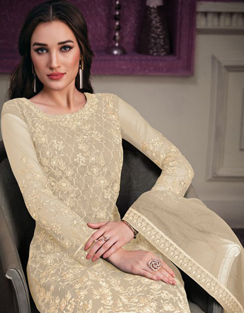 Beige Pant style Suit Butterfly Net Salwar Kameez in Cording Embroidery & Lace Work Closure View