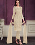 Beige Pant style Suit Butterfly Net Salwar Kameez in Cording Embroidery & Lace Work