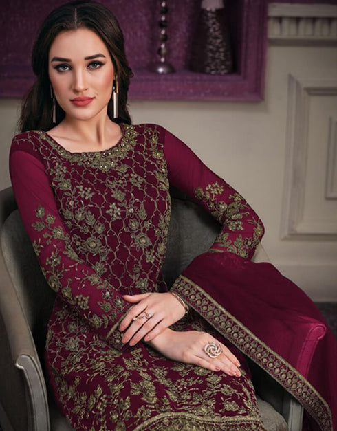 Red Pant style Suit Butterfly Net Salwar Kameez in Cording Embroidery & Lace Work Closure View