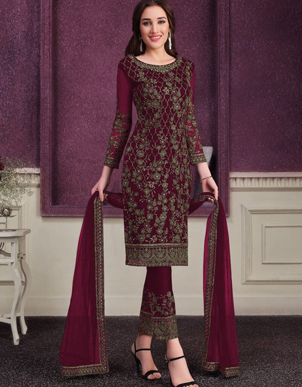 Red Pant style Suit Butterfly Net Salwar Kameez in Cording Embroidery & Lace Work