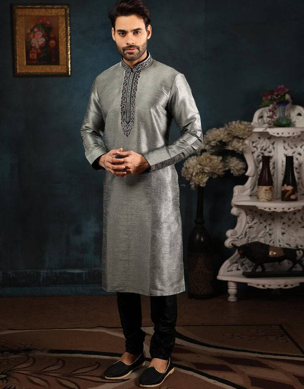 Grey Kurta Art Banarasi Silk Churidar