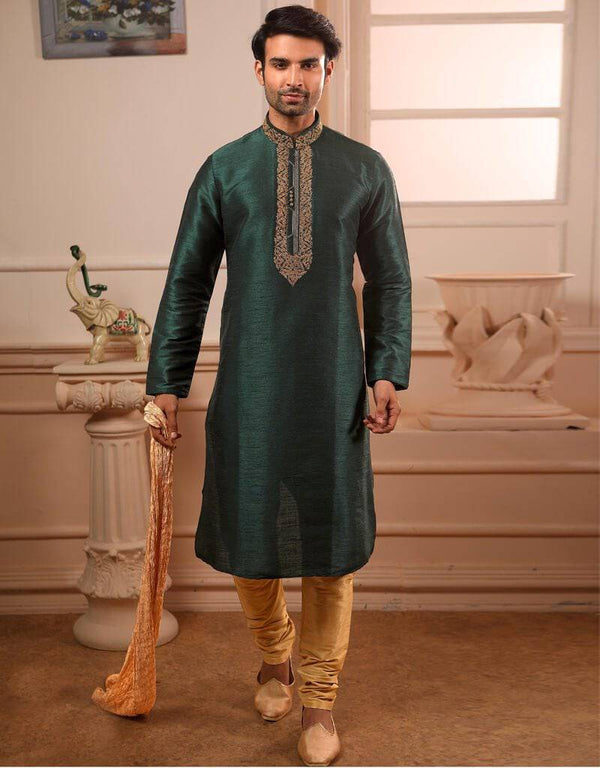 Bottal Green Kurta Art Banarasi Silk Churidar