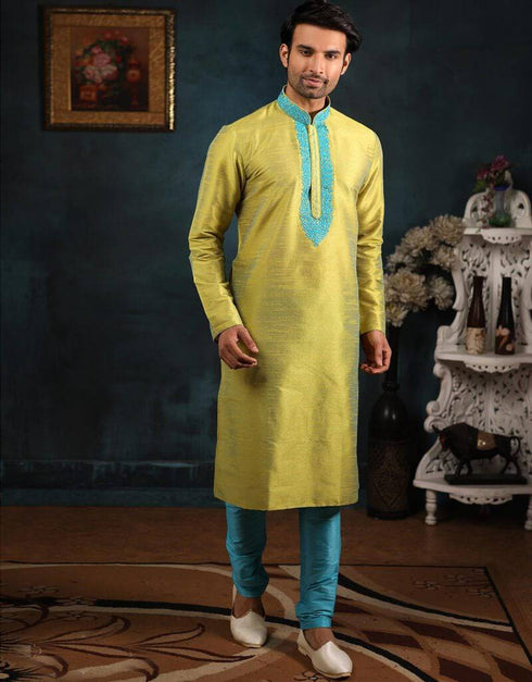 Lemon Kurta Art Banarasi Silk Churidar