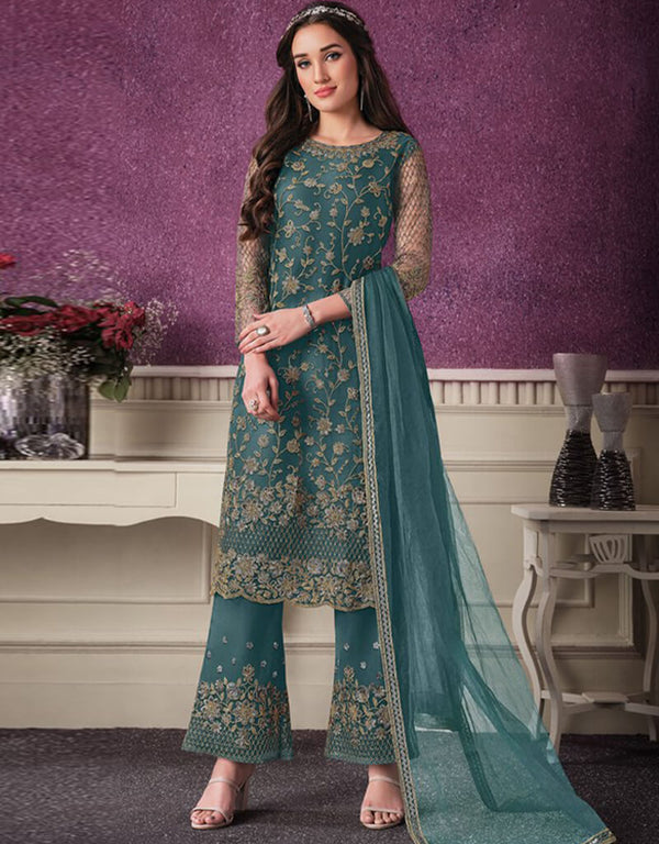 Blue Pant style Suit Butterfly Net Salwar Kameez in Cording Embroidery & Lace Work
