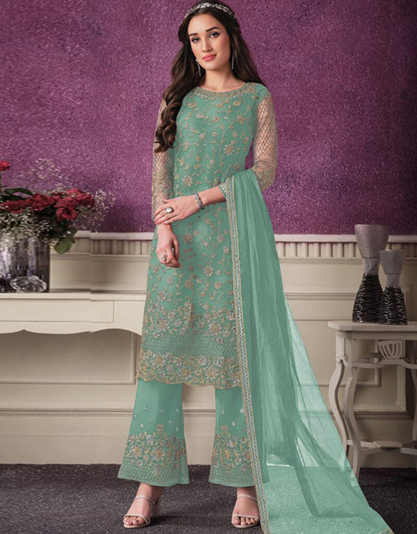 Green Pant style Suit Butterfly Net Salwar Kameez in Cording Embroidery & Lace Work