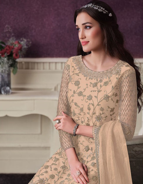 Orange Pant style Suit Butterfly Net Salwar Kameez in Cording Embroidery & Lace Work Closure View