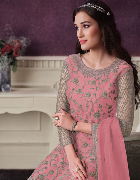 Rose Pink Pant style Suit Butterfly Net Salwar Kameez in Cording Embroidery & Lace Work Closure View