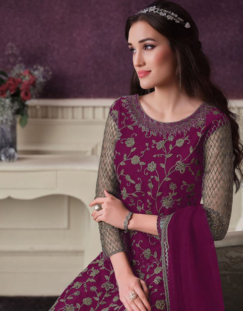 Purple Pant style Suit Butterfly Net Salwar Kameez in Cording Embroidery & Lace Work Closure View