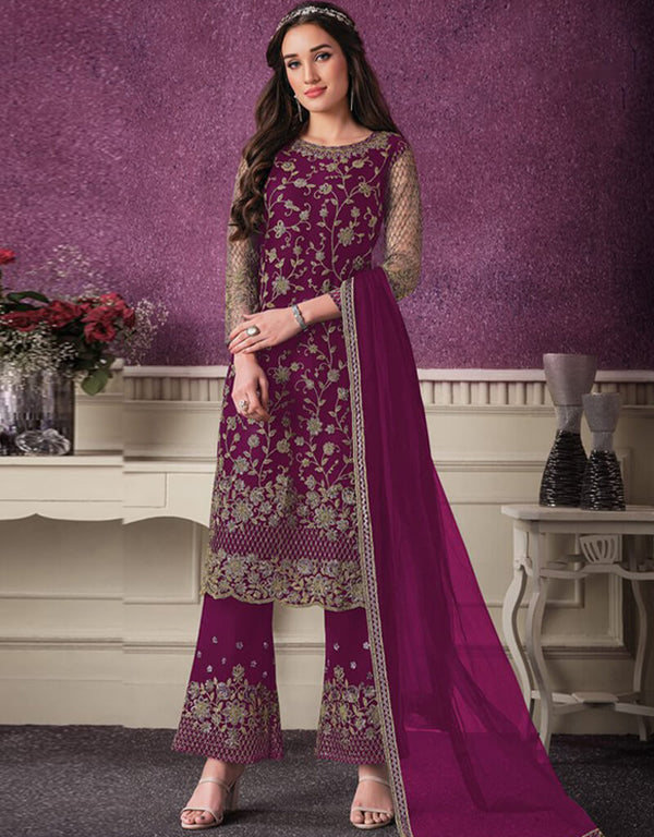 Purple Pant style Suit Butterfly Net Salwar Kameez in Cording Embroidery & Lace Work