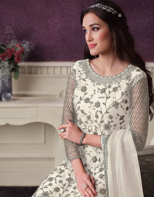 white Pant style Suit Butterfly Net Salwar Kameez in Cording Embroidery & Lace Work Closure View