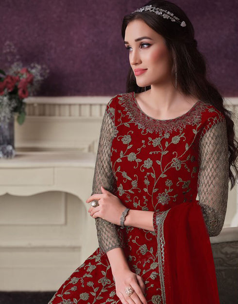 Red Pant style Suit Butterfly Net Salwar Kameez in Cording Embroidery & Lace Work Closure View