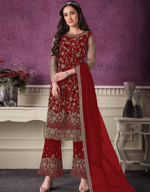 Red Pant style Suit Butterfly Net Salwar Kameez in Cording Embroidery & Lace Work