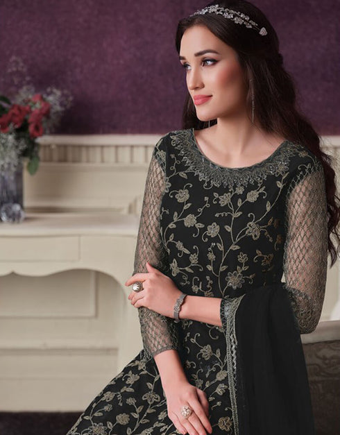 Black Pant style Suit Butterfly Net Salwar Kameez in Cording Embroidery & Lace Work Closure View
