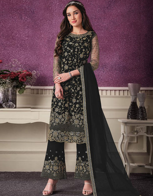 Black Pant style Suit Butterfly Net Salwar Kameez in Cording Embroidery & Lace Work