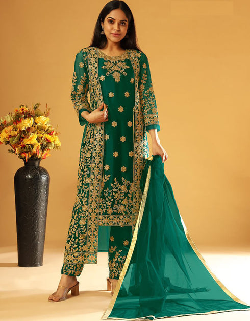 Green Pant style Suit Butterfly Net Salwar Kameez in Cording Embroidery, Stone & Lace Work