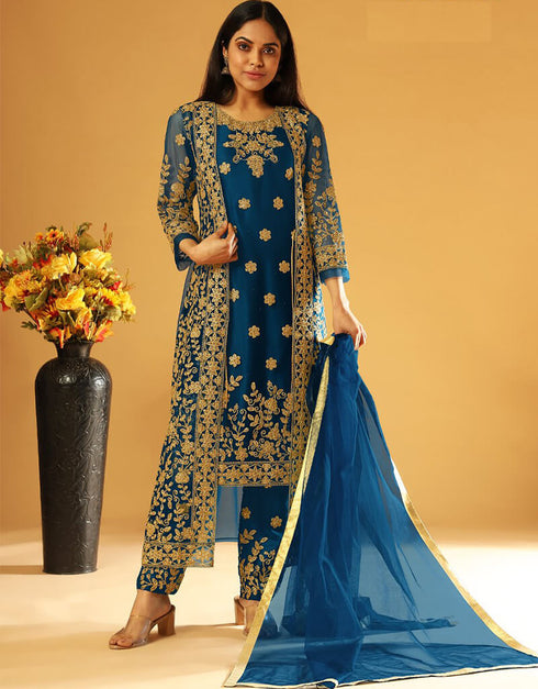Blue Pant style Suit Butterfly Net Salwar Kameez in Cording Embroidery, Stone & Lace Work