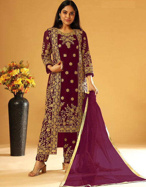 Purple Pant style Suit Butterfly Net Salwar Kameez in Cording Embroidery, Stone & Lace Work