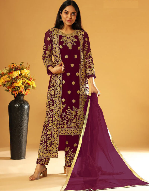 Purple Pant style Suit Butterfly Net Salwar Kameez in Cording Embroidery, Stone & Lace Work