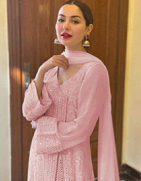 Pink Pant style Suit Faux Georgette Salwar Kameez in Embroidery & Lace Work Closure View
