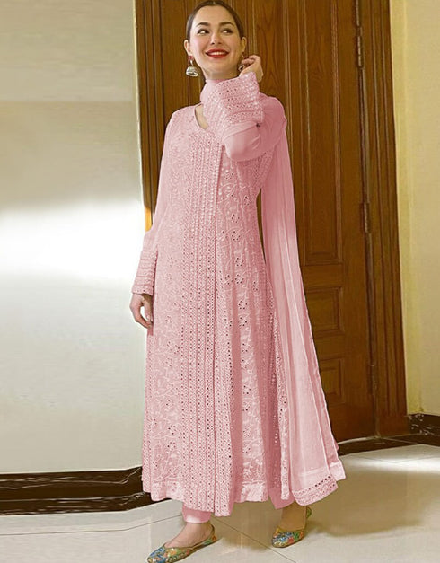 Pink Pant style Suit Faux Georgette Salwar Kameez in Embroidery & Lace Work